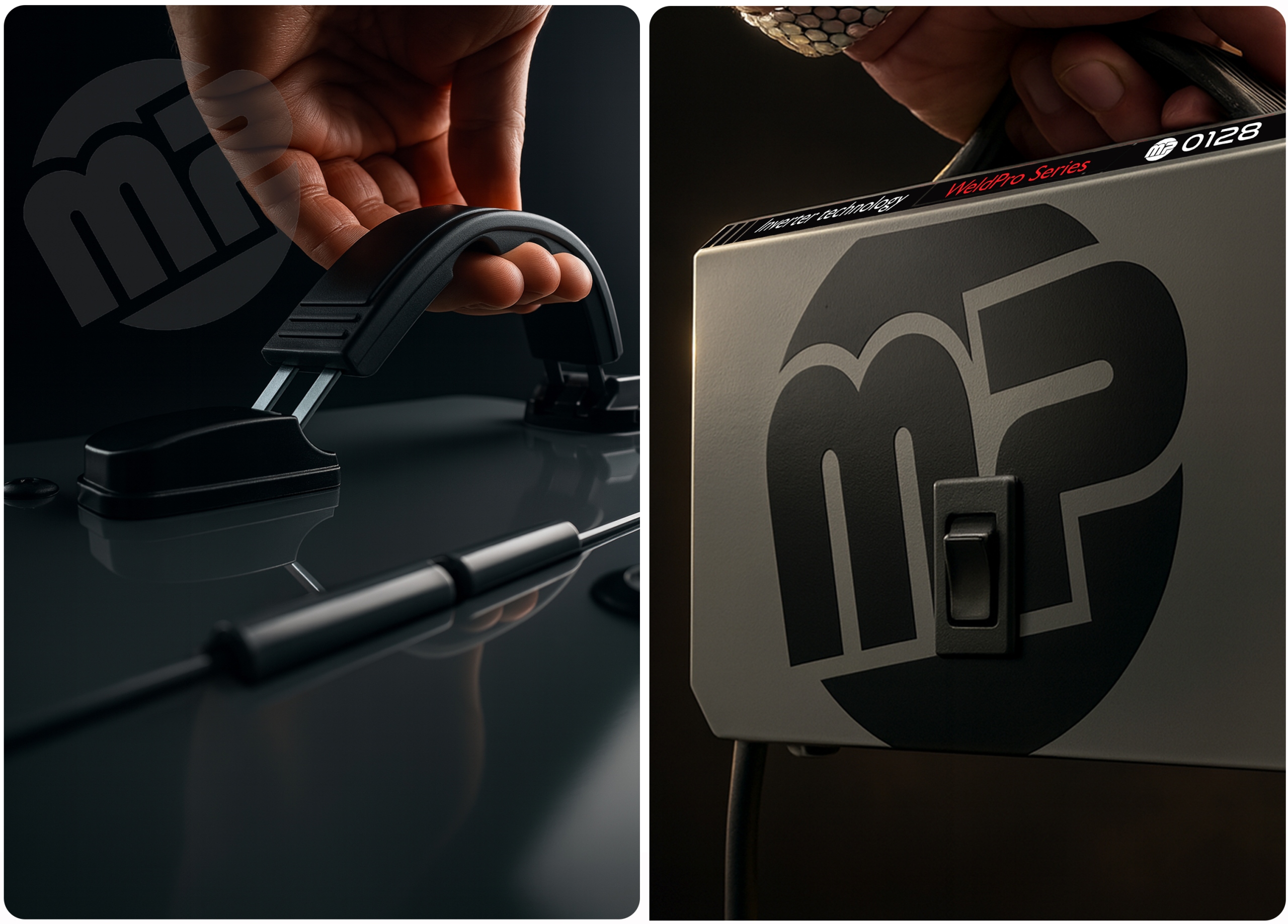 Solidna, metalowa konstrukcja w kolorze szarym z charakterystycznym, dużym logotypem „MP” na boku. Na górze znajduje się mocny uchwyt transportowy.